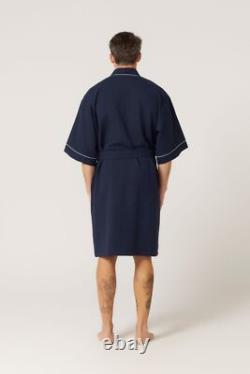 Mens Sizes S-7XL Contare Navy Blue Cotton Waffle Bathrobe Dressing Gown Robe FN
