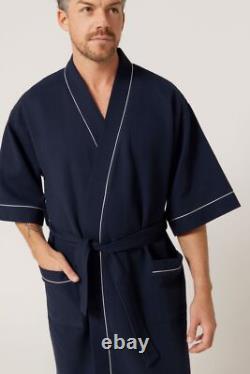 Mens Sizes S-7XL Contare Navy Blue Cotton Waffle Bathrobe Dressing Gown Robe FN