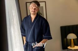Mens Sizes S-7XL Contare Navy Blue Cotton Waffle Bathrobe Dressing Gown Robe FN