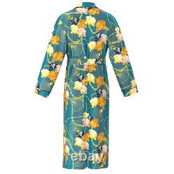 Mens Teal Blue Gold Chain Print 100% Silk Bath Robe Night Dress Sleeping Gown