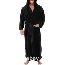 Mens Winter Warm Hooded Long Dressing Gown Coat Bathrobe Towelling Bath Robe//