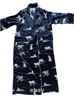 Mulberry Silk Long Robe in Panthère de Nuit Bathrobe Navy Blue Size M witho belt