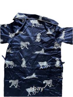 Mulberry Silk Long Robe in Panthère de Nuit Bathrobe Navy Blue Size M witho belt