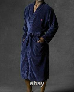 NWT RALPH LAUREN Big Polo Pony Plush Velour Bath Robe Navy Blue L/XL