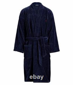 NWT RALPH LAUREN Big Polo Pony Plush Velour Bath Robe Navy Blue L/XL