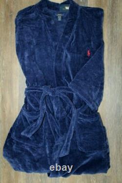 NWT RALPH LAUREN Big Polo Pony Plush Velour Bath Robe Navy Blue L/XL