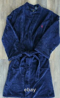 NWT RALPH LAUREN Big Polo Pony Plush Velour Bath Robe Navy Blue L/XL