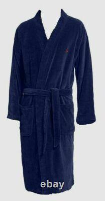 NWT RALPH LAUREN Big Polo Pony Plush Velour Bath Robe Navy Blue L/XL