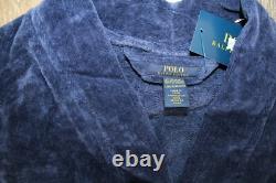 NWT RALPH LAUREN Big Polo Pony Plush Velour Bath Robe Navy Blue S/M