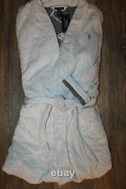 NWT RALPH LAUREN Large Polo Pony Plush Velour Bath Robe White Gray L/XL$150