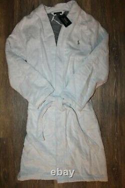 NWT RALPH LAUREN Large Polo Pony Plush Velour Bath Robe White Gray L/XL$150