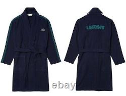 NW LACOSTE Sport Textured Terry Logos Navy Cotton Pique Bathrobe Mens L