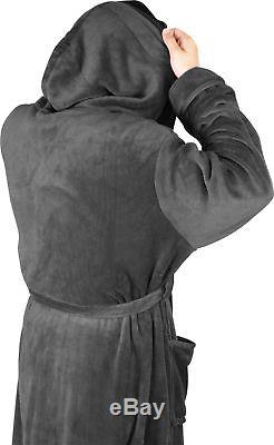 NY Threads Luxurious Men's Shawl Collar Fleece Bathrobe with Hood Grey L/XL