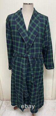 Nautica Mens Navy & Green Tartan Plaid Flannel Bath Robe 1980s Vintage USA L
