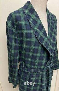Nautica Mens Navy & Green Tartan Plaid Flannel Bath Robe 1980s Vintage USA L