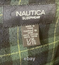 Nautica Mens Navy & Green Tartan Plaid Flannel Bath Robe 1980s Vintage USA L