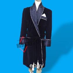 New Men's Dressing Gown Forest Black Black Velvet Fine Quilted with Gold Silk