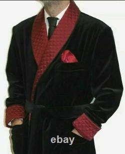 New Men's Dressing Gown Forest Black Velvet Fine Quilted with Red Silk Fast Ship