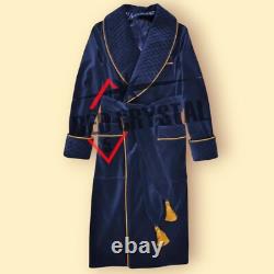 New Men's Dressing Gown Forest Blue Velvet Fine Quilted with Blue Silk
