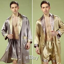 New Mens 100% Pure Mulberry Silk Robe Sleepwear Bathrobe Shorts 2 piece Casual