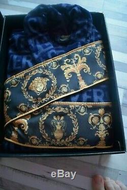 New Versace Symbol Bathrobe 100% Cotton Blue and Gold with Gift Box