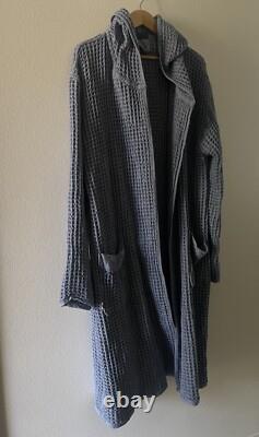 Onsen Hooded Waffle Robe in Denim Blue Large Waffle Cotton Unisex- No Belt