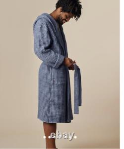 Onsen Hooded Waffle Robe in Denim Blue Large Waffle Cotton Unisex- No Belt