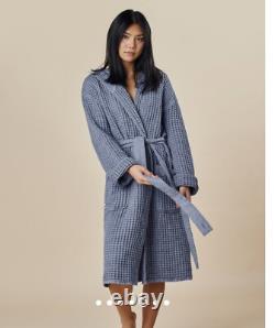 Onsen Hooded Waffle Robe in Denim Blue Large Waffle Cotton Unisex- No Belt
