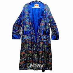 Oriental Dragon Pagoda Robe Kimono Mens 44 Blue Silk Satin Garden Pattern