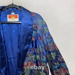 Oriental Dragon Pagoda Robe Kimono Mens 44 Blue Silk Satin Garden Pattern