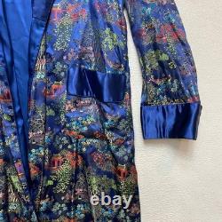 Oriental Dragon Pagoda Robe Kimono Mens 44 Blue Silk Satin Garden Pattern