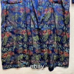 Oriental Dragon Pagoda Robe Kimono Mens 44 Blue Silk Satin Garden Pattern