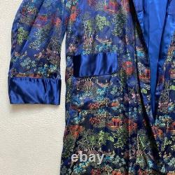 Oriental Dragon Pagoda Robe Kimono Mens 44 Blue Silk Satin Garden Pattern