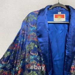 Oriental Dragon Pagoda Robe Kimono Mens 44 Blue Silk Satin Garden Pattern