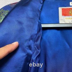 Oriental Dragon Pagoda Robe Kimono Mens 44 Blue Silk Satin Garden Pattern