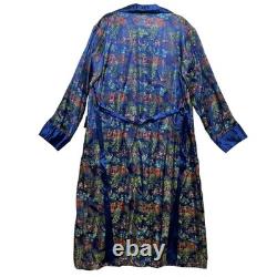 Oriental Dragon Pagoda Robe Kimono Mens 44 Blue Silk Satin Garden Pattern