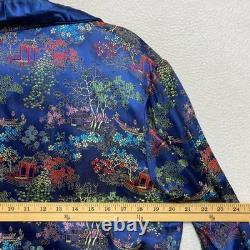 Oriental Dragon Pagoda Robe Kimono Mens 44 Blue Silk Satin Garden Pattern
