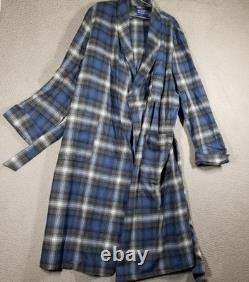 Pendleton Robe Mens Large Blue Gray Plaid 100% Wool Bathrobe Belted Lounge