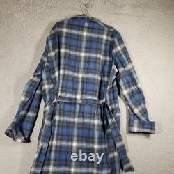 Pendleton Robe Mens Large Blue Gray Plaid 100% Wool Bathrobe Belted Lounge