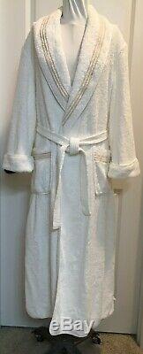 Pratesi Mens White Beige Embroidered 3 Lines Cotton Terry Bath Robe Medium