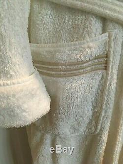 Pratesi Mens White Beige Embroidered 3 Lines Cotton Terry Bath Robe Medium