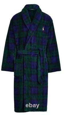 RALPH LAUREN POLO MENS BATH ROBE L XL Microfiber Plush NAVY GREEN PLAID New
