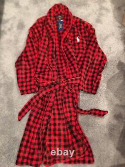 Ralph Lauren Big Pony Plaid Bath Robe Mens Size L/XL Red Black Plush $115
