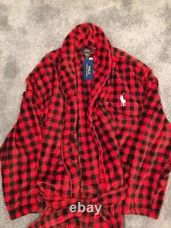Ralph Lauren Big Pony Plaid Bath Robe Mens Size L/XL Red Black Plush $115