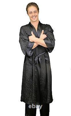 Robe Men's One Size Black 100% Silk Mulberry Kimono Bathrobe 48 Inches Long