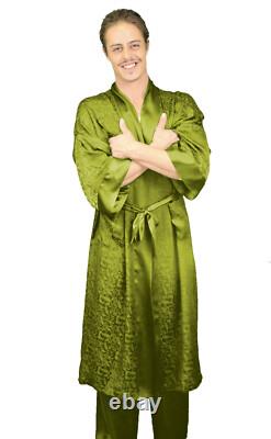Silk Robe 100% Mulberry Silk Kimono Bathrobe 48 Inches Long Olive Green