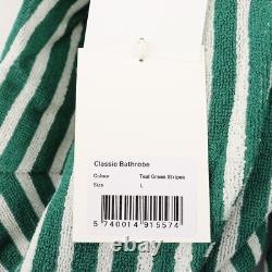 Tekla Fabrics Classic Unisex Terry Bathrobe in Teal Green Stripes Size Large