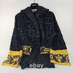 VERSACE Baroque Greca Print Black Short Unisex Bathrobe New