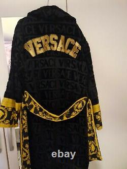 VERSACE Embroidered Logo Baroque Bathrobe In Black £495 RRP