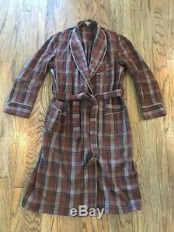 VTG 50s 60s Mid Century Heavy Flannel Wool Plaid Belted Mens Bathrobe Robe Large